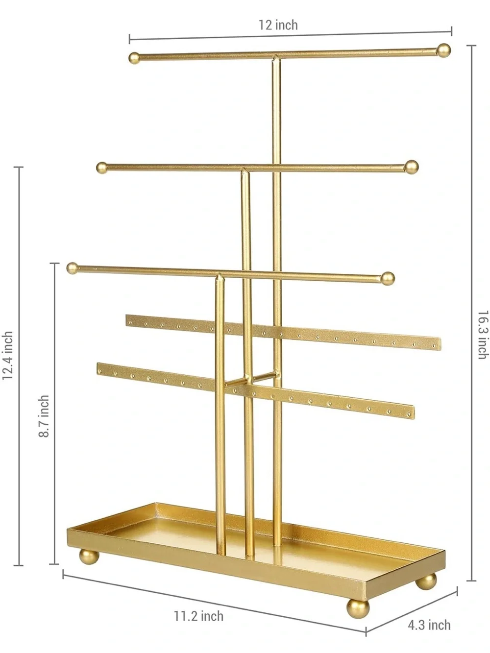 MyGift 5-Tier Gold Metal Jewelry Organizer Stand with Earring Hooks & Ring Tray